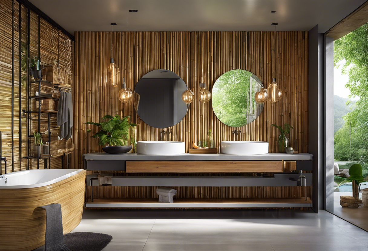 An image of a bathroom with a variety of plumbing materials, including bamboo, recycled steel, and low-flow fixtures