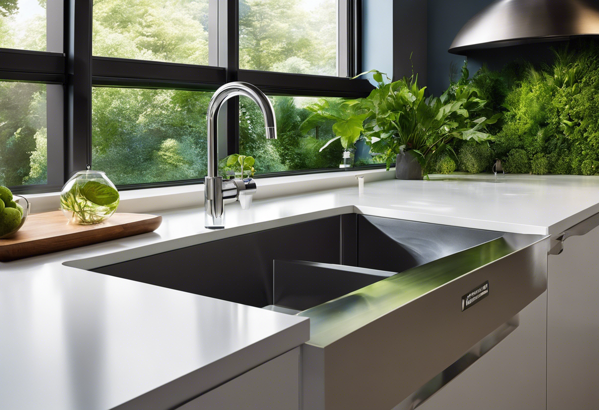 An image of a sleek, modern water filtration system seamlessly blending into a kitchen countertop, surrounded by lush green foliage and a clear, blue stream in the background