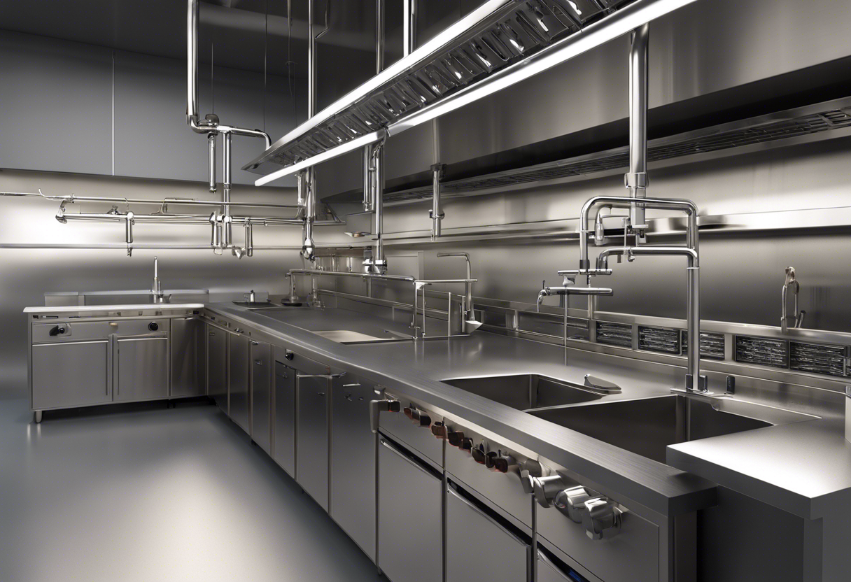 An image showcasing a sleek, modern commercial kitchen plumbing system with multiple faucets, drains, and pipes, all designed for maximum efficiency and functionality