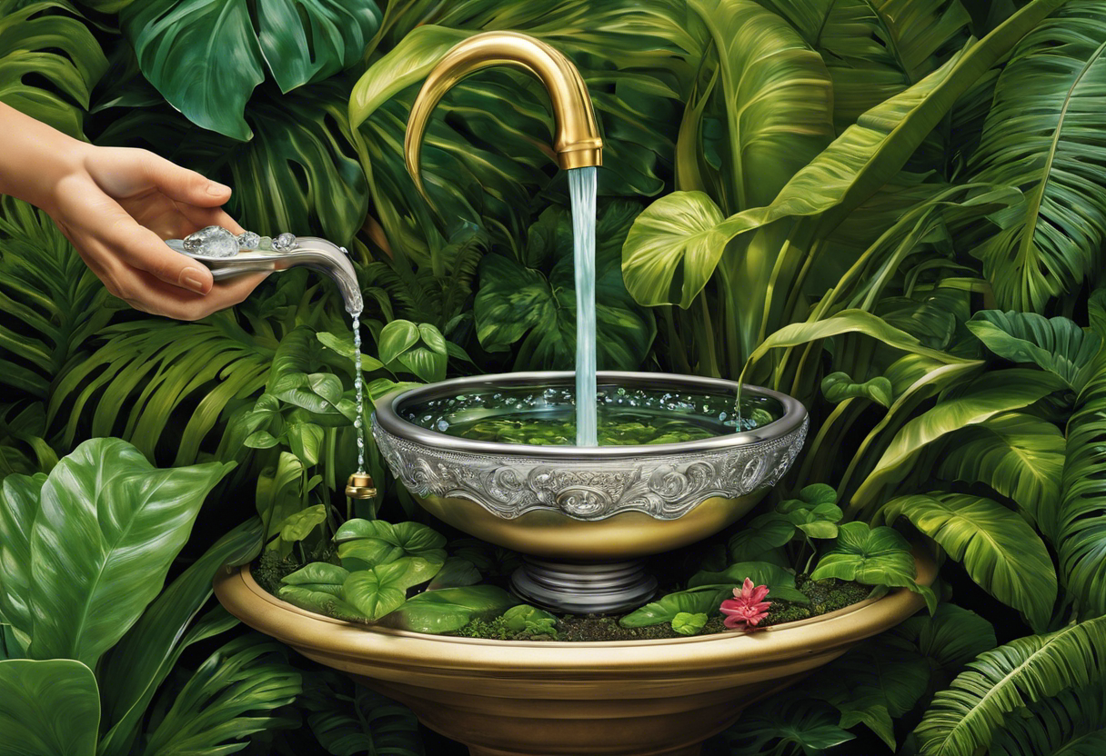 An image of a faucet with a drop of water falling from it and a hand catching the drop in a cupped palm, surrounded by plants indicating a lush garden