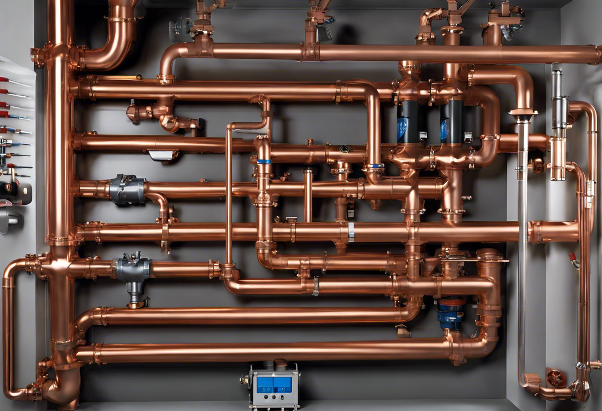 An image showcasing various plumbing systems for homes, including traditional copper pipes, PEX piping, and PVC piping