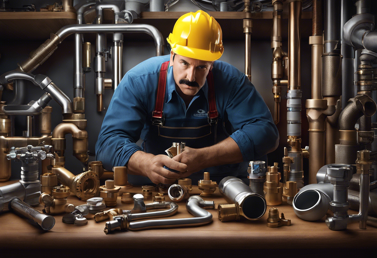 An image that shows a plumber carefully inspecting and maintaining pipes, valves, and faucets, with tools and parts neatly arranged nearby, to convey the importance of caring for your plumbing system to extend its lifespan