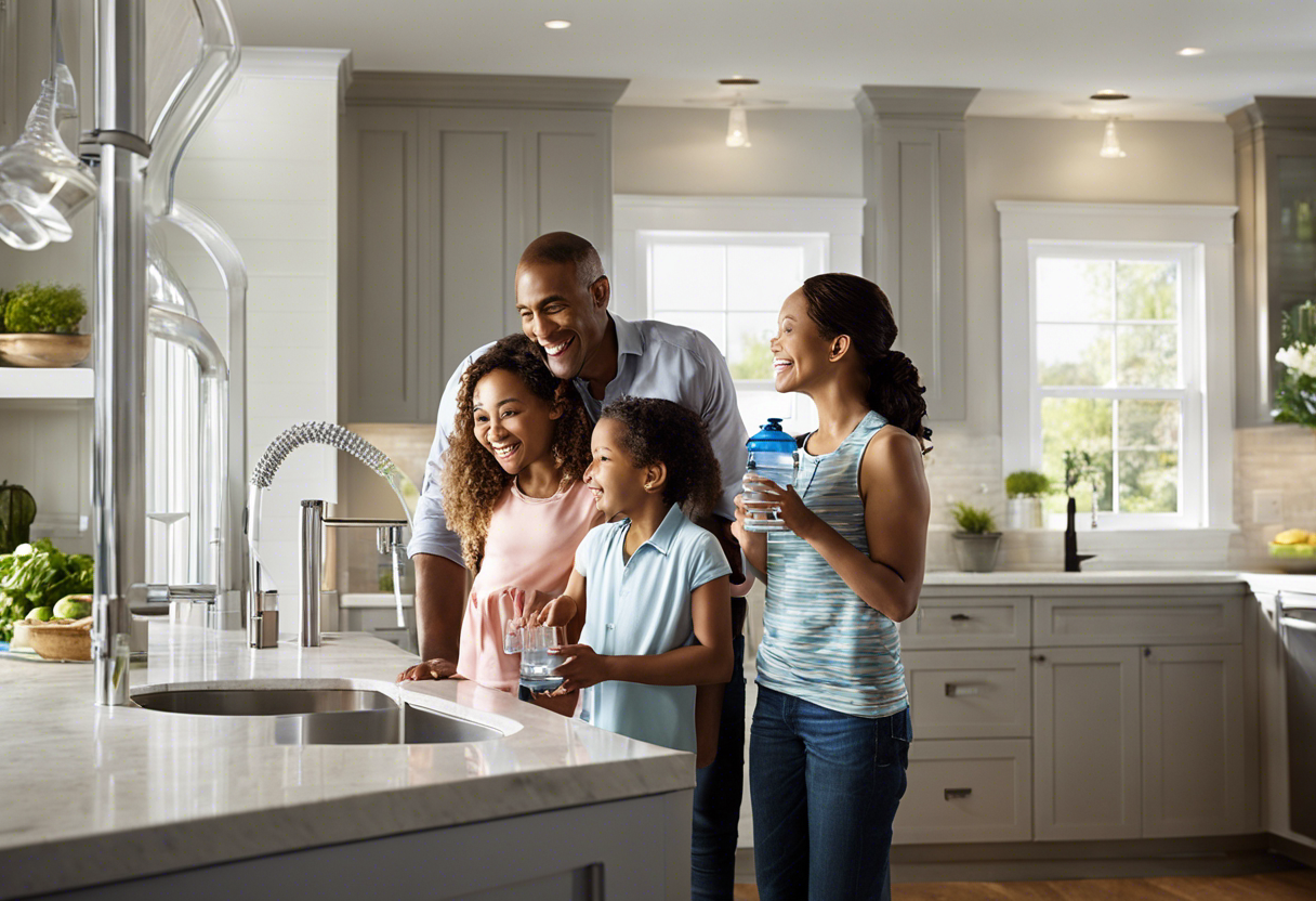 An image of a family enjoying a glass of water from their kitchen sink, with a whole-house water filtration system visible in the background