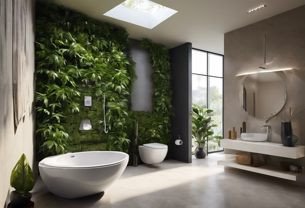 An image of a modern toilet with a water-saving flush mechanism, set against a backdrop of a serene spa-like bathroom with green plants and a natural stone floor