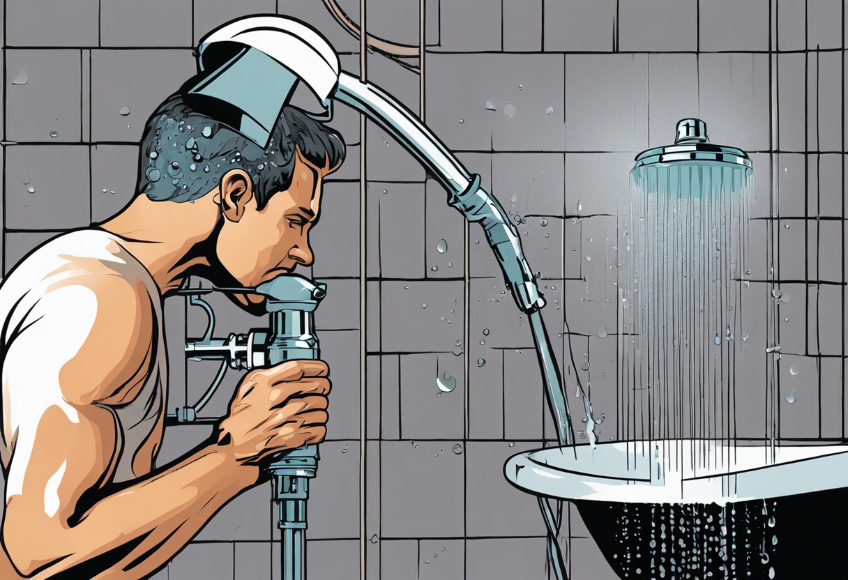 An image of a person standing under a showerhead with a small dribble of water coming out, while a thought bubble above their head shows a variety of possible causes for low water pressure, such as clogged pipes or a malfunctioning pressure regulator