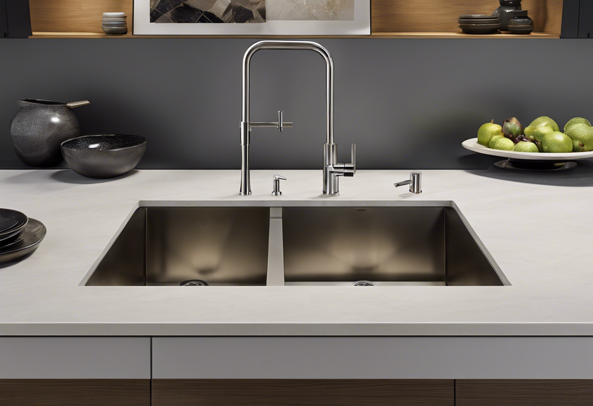 An image showcasing various types of kitchen plumbing fixtures, including faucets and sinks, in a modern and stylish setting