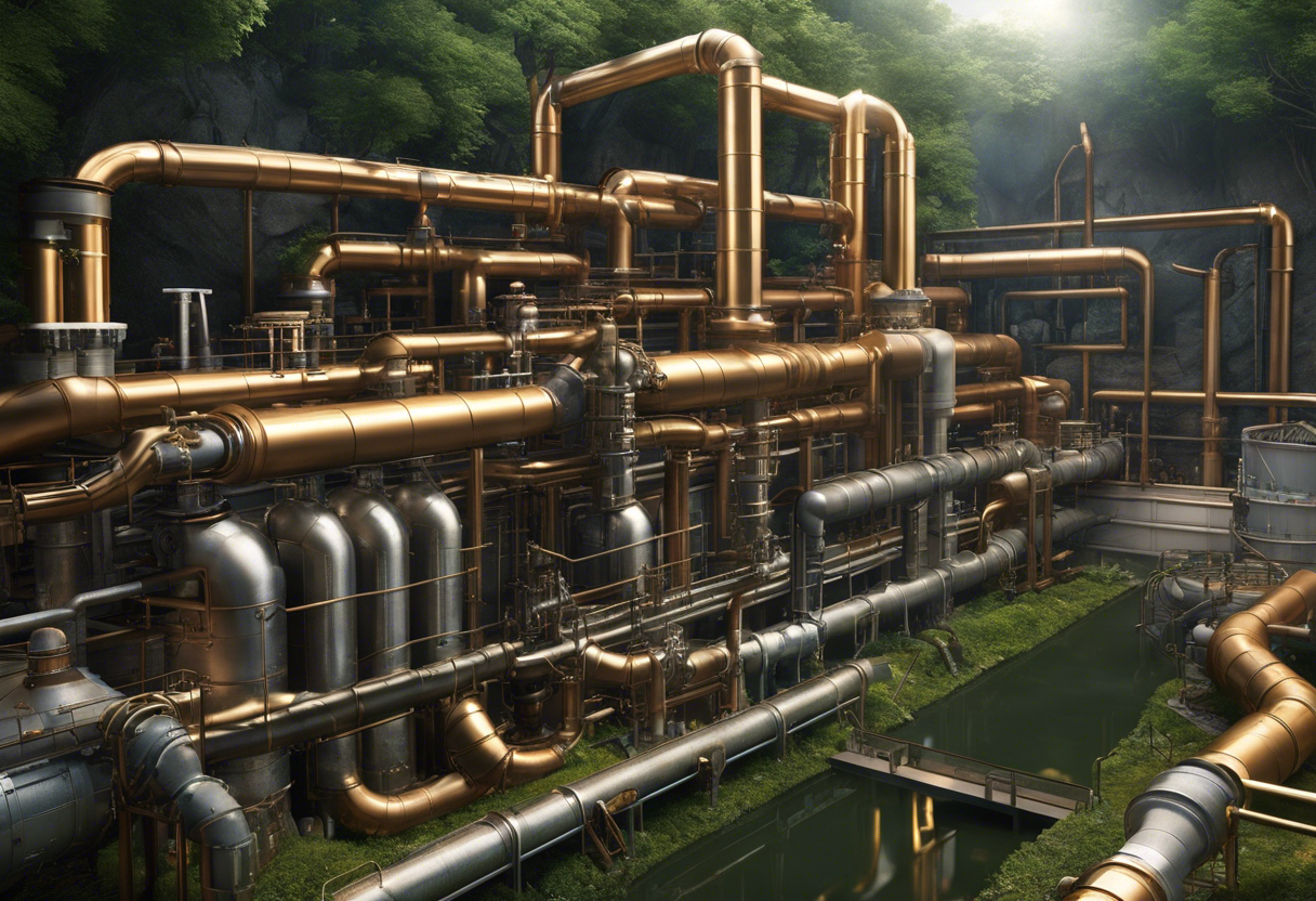 An image that depicts the journey of water from its source to a residential tap, showcasing the intricate network of pipes, pumps, and treatment facilities along the way