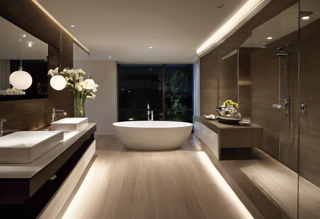 An image of a modern bathroom with sleek, water-efficient fixtures and fittings