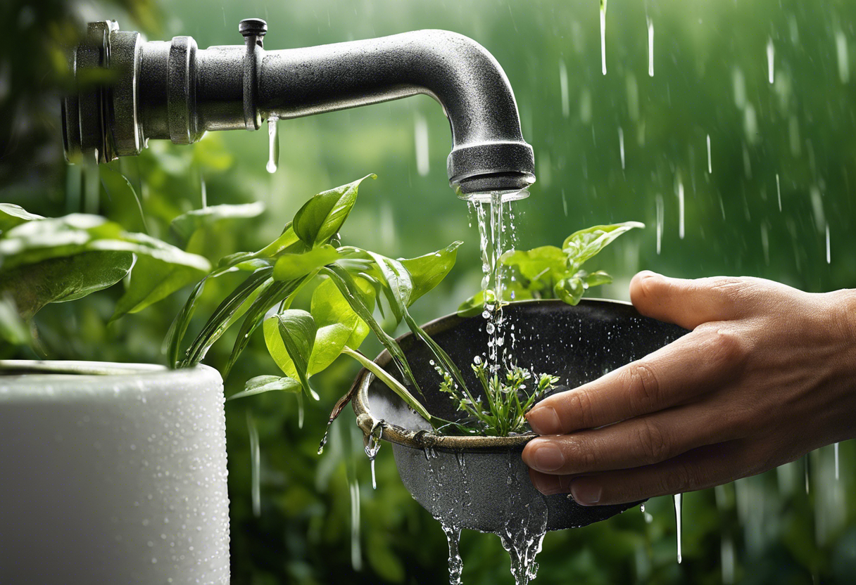 An image of a hand turning off a dripping faucet with a bucket underneath it, surrounded by green plants and a rain barrel in the background