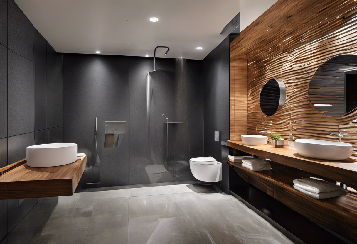 An image of a sleek, modern bathroom with a rainwater collection system integrated into the design