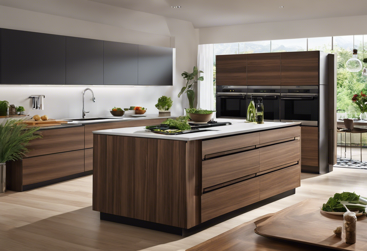 An image of a modern kitchen with energy-efficient appliances from Green Chef, featuring a sleek induction cooktop, a water-efficient dishwasher, and a compost bin built into the countertop