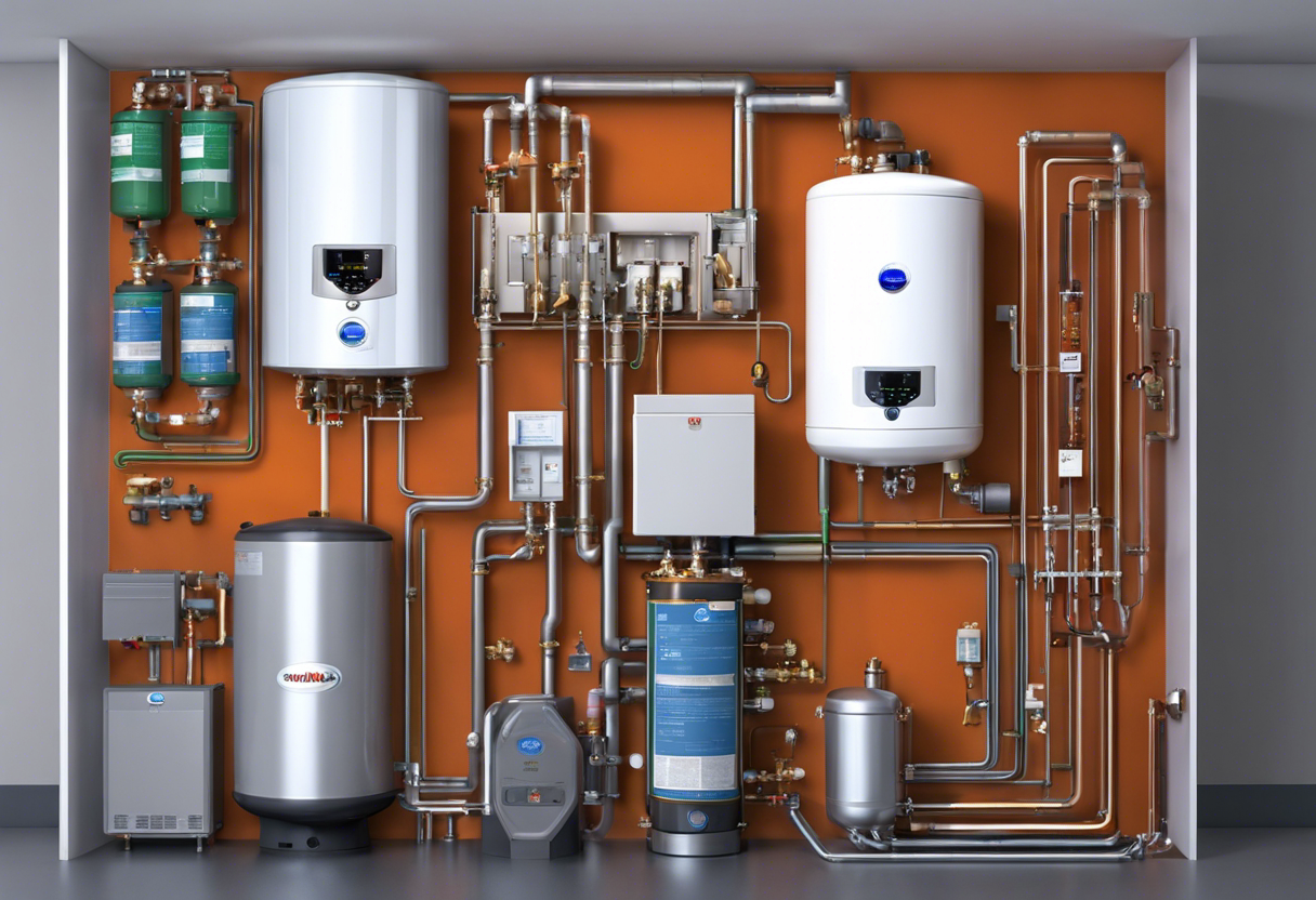 An image that depicts various hot water systems, including tankless, solar, and electric, with labels indicating their features and benefits for different household needs
