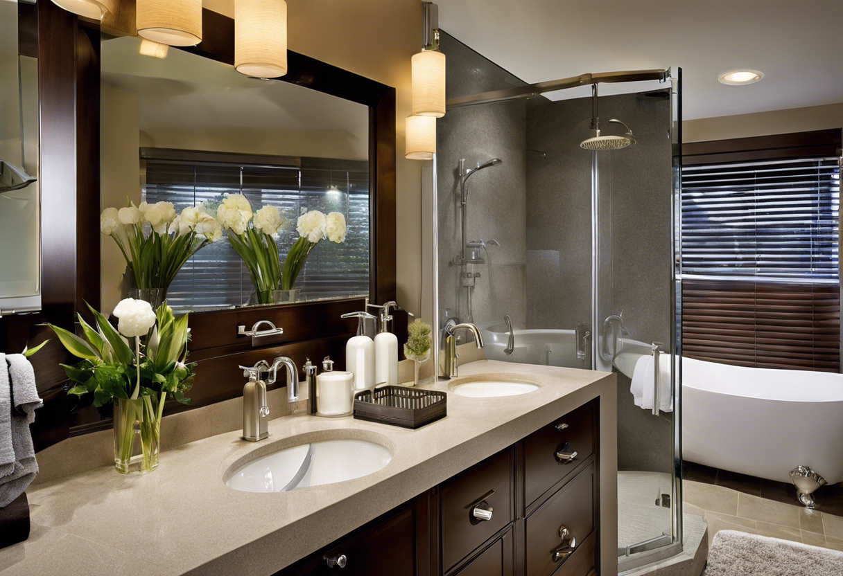 An image of a cozy bathroom with a sleek, modern tankless water heater mounted on the wall beside the shower