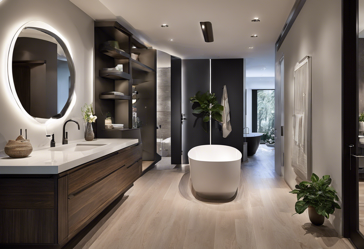 An image showcasing a modern home's innovative plumbing system design, featuring a sleek and efficient layout with state-of-the-art fixtures and technology