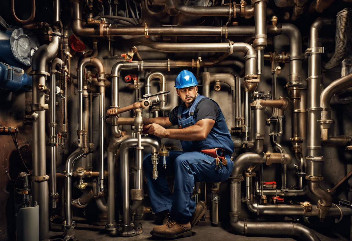 An image that showcases a commercial plumber working on a pipe with wrenches and other tools, surrounded by pipes and valves
