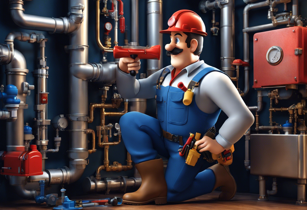 An image of a plumber with a toolbox, checking and adjusting a hot water tank