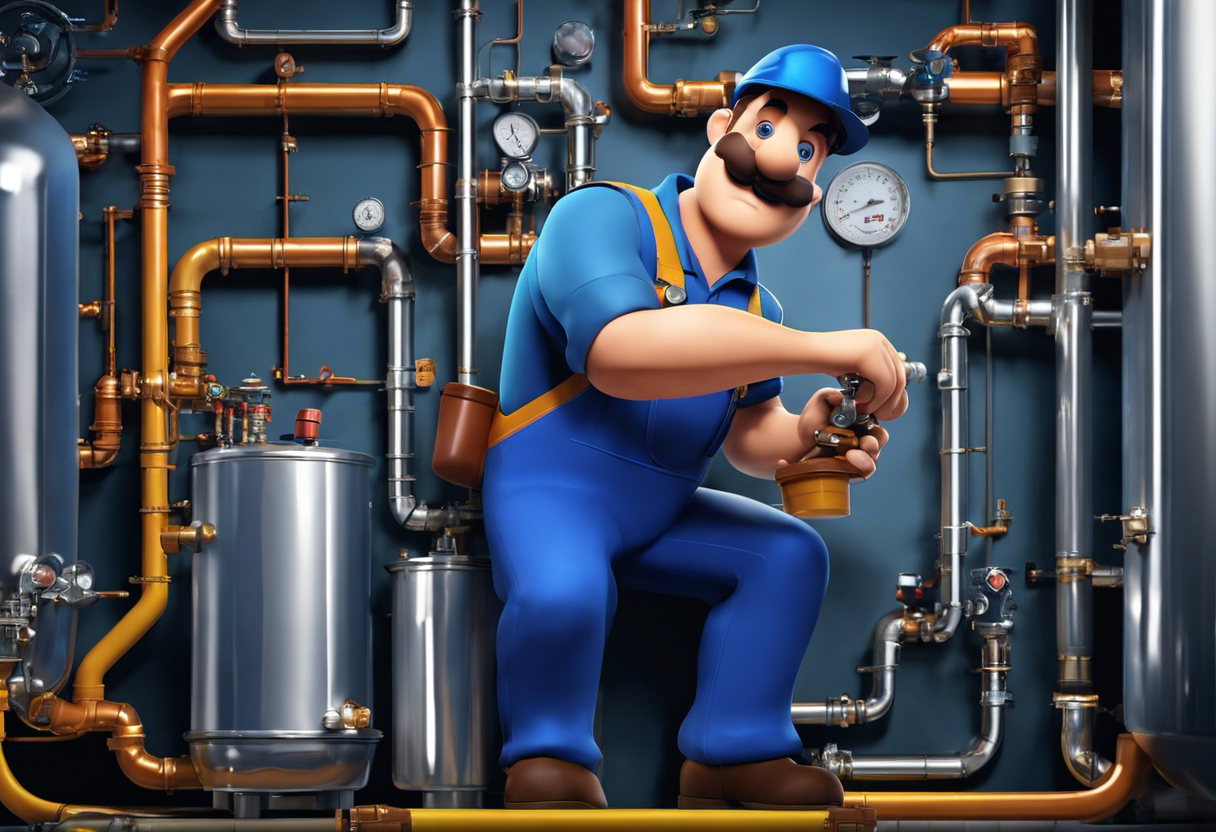 An image of a plumber with a toolbox, checking and adjusting a hot water tank