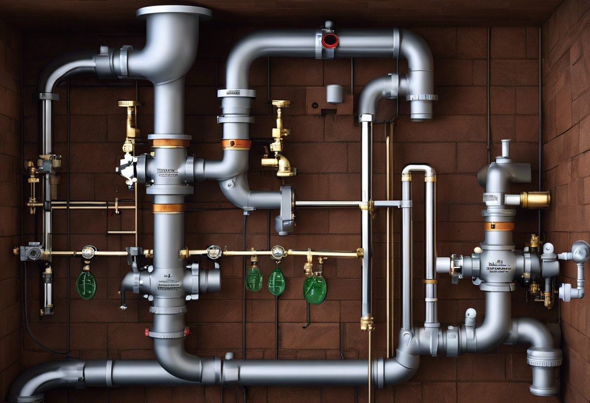 An image of a plumbing system with a clear, labeled backflow prevention device installed
