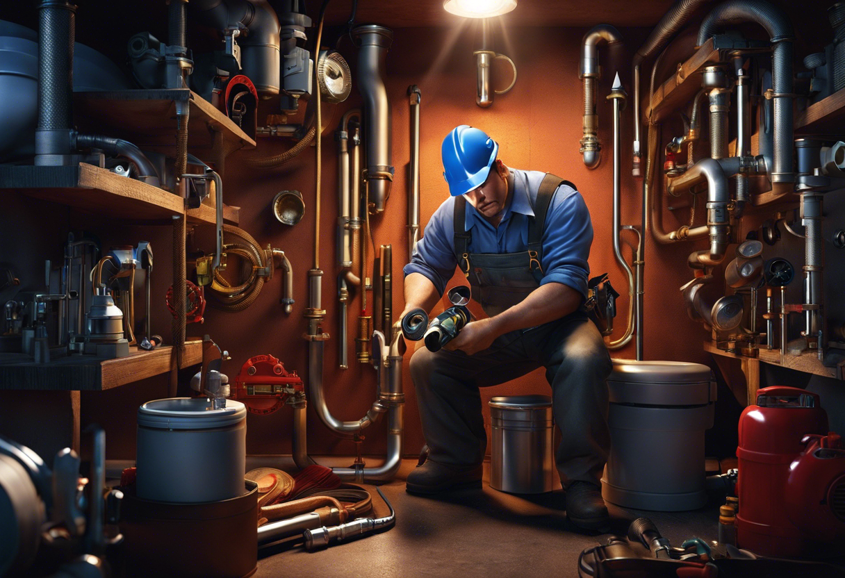 An image of a plumber inspecting pipes with a flashlight, surrounded by various plumbing tools and equipment