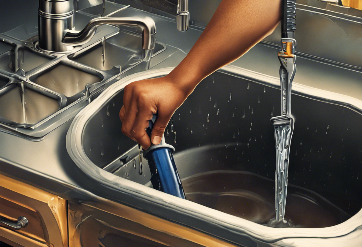 An image of a hand holding a wrench tightening a dripping pipe under a sink, with water droplets falling into a bucket below