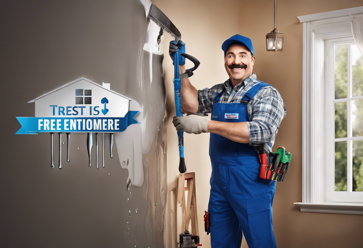 An image of a plumber holding a tool next to a wall with water leaking from it