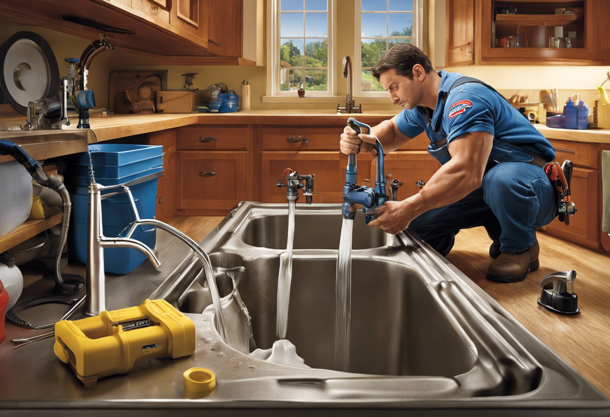 An image of a plumber fixing a leak under a sink while water drips into a bucket, with a homeowner looking on in relief