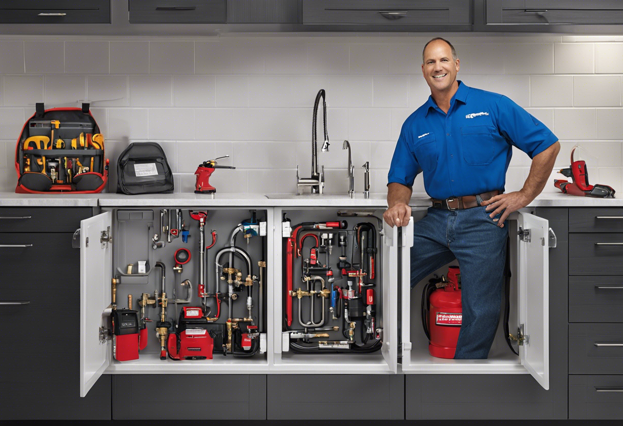 An image that showcases a plumber with top-of-the-line equipment, such as a powerful drain snake and a high-tech leak detection system, to convey the importance of investing in quality plumbing tools