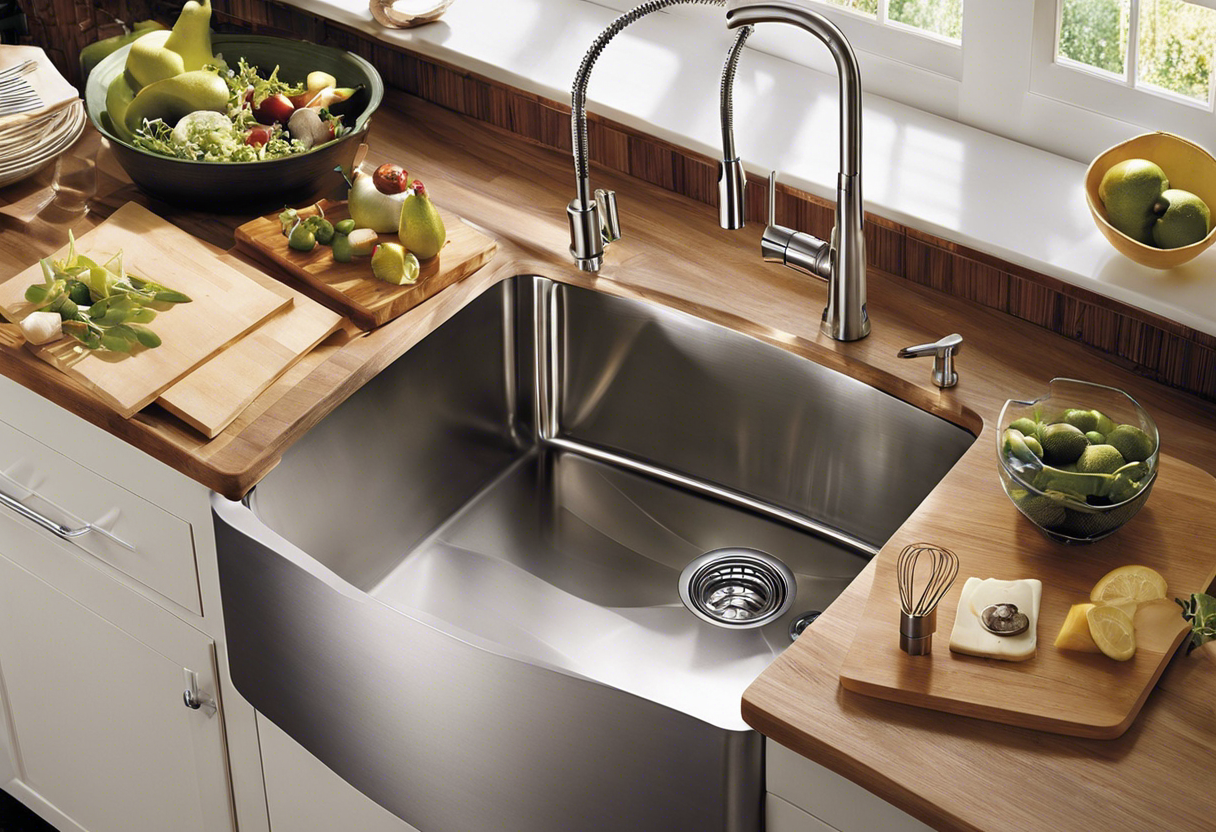 An image showcasing a small kitchen with innovative plumbing solutions, such as a compact sink and faucet, adjustable water pressure, and space-saving garbage disposal