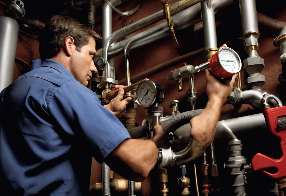 An image of a plumber adjusting a pressure regulator valve on a water pipe, with a pressure gauge and wrench in hand