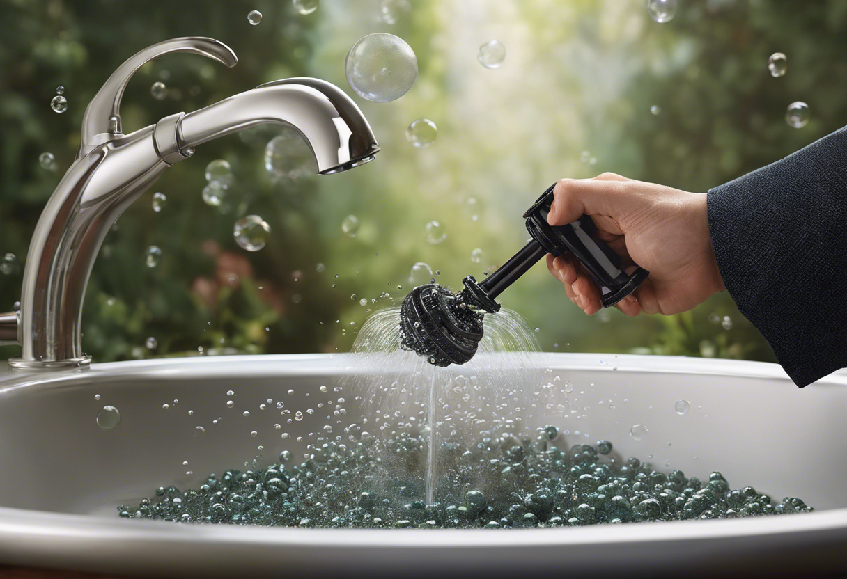 An image of a hand holding a powerful plunger, surrounded by bubbles and debris, as it successfully clears a clogged drain