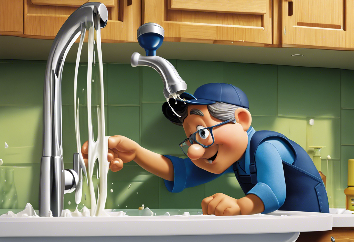 An image of a confident homeowner fixing a leaky faucet with a wrench and a bucket underneath to catch the drips
