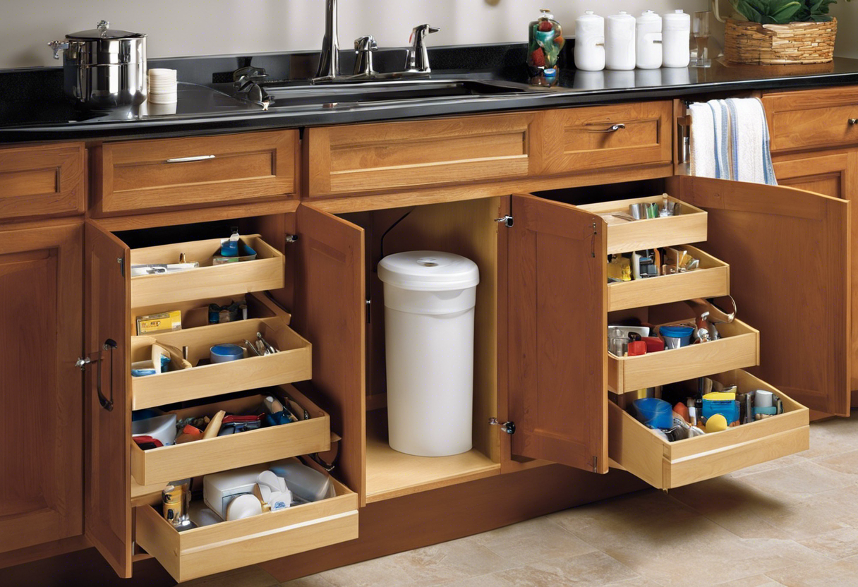 An image of a clean and orderly under-sink cabinet with labeled bins, hooks, and caddies for various plumbing tools and supplies
