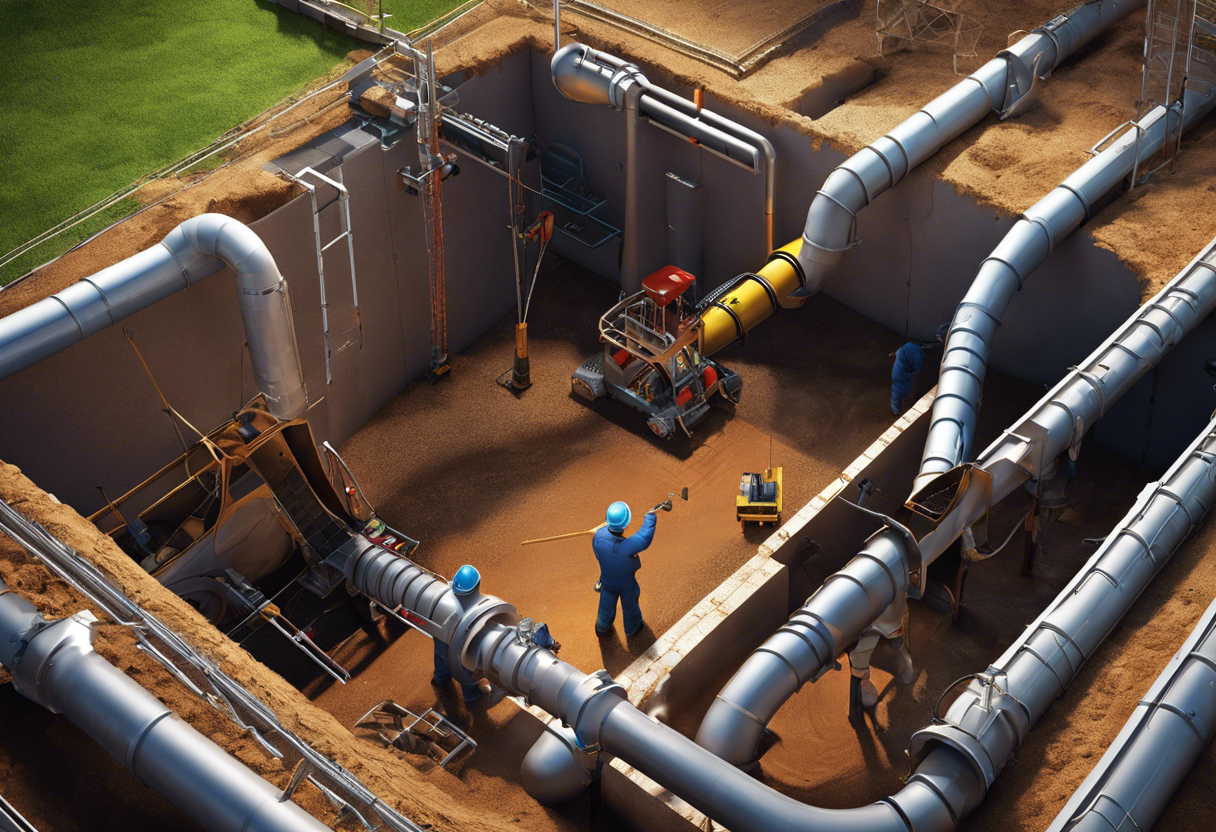 An image that illustrates the process of sewer line installations, including digging trenches, laying pipes, and connecting the system to the main sewer line