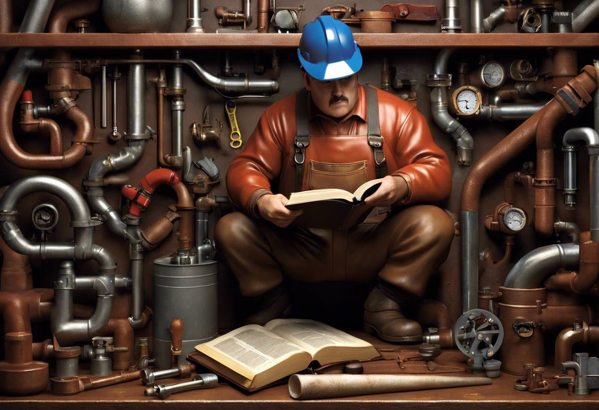 An image of a plumber wearing a tool belt and reading a thick book titled "Plumbing Code Regulations