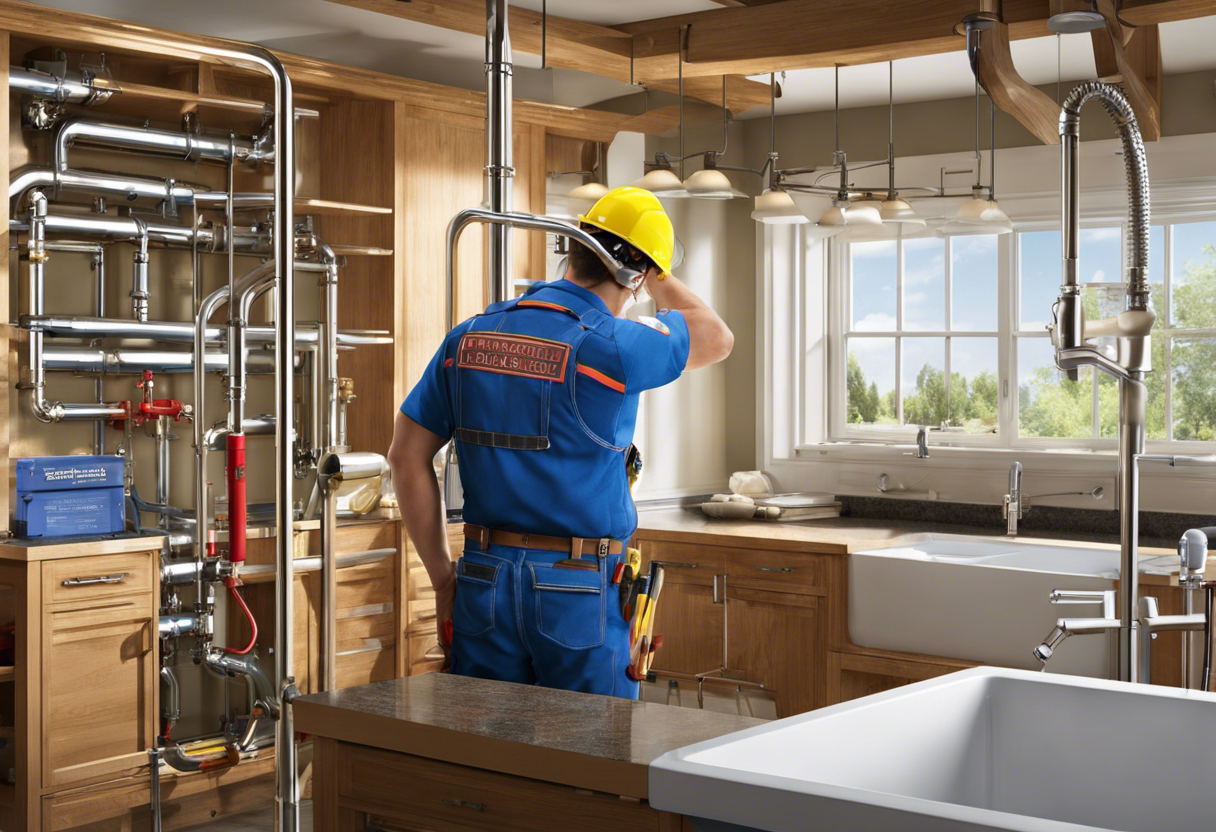 An image that depicts a plumbing inspector approving a completed project, with clear labels and diagrams showing compliant piping and fixtures