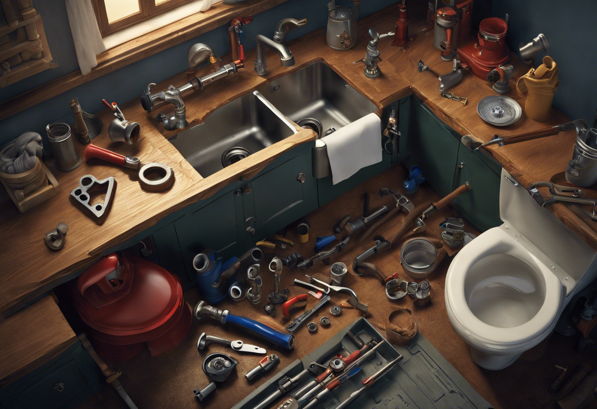 An image of a plumber holding a toolbox with pipes, wrenches, and other tools scattered around them