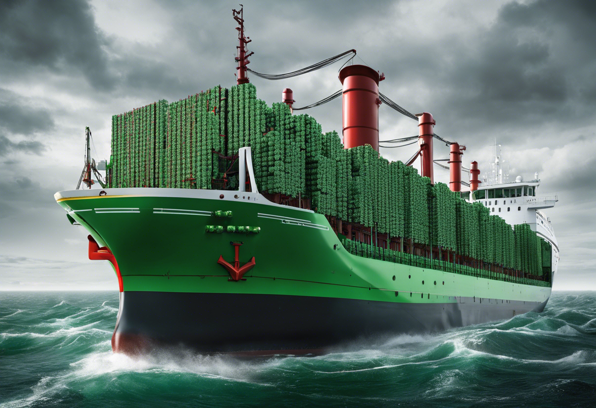 An image of a ship navigating through a sea of pipes, with some pipes marked with green checkmarks and others marked with red X's