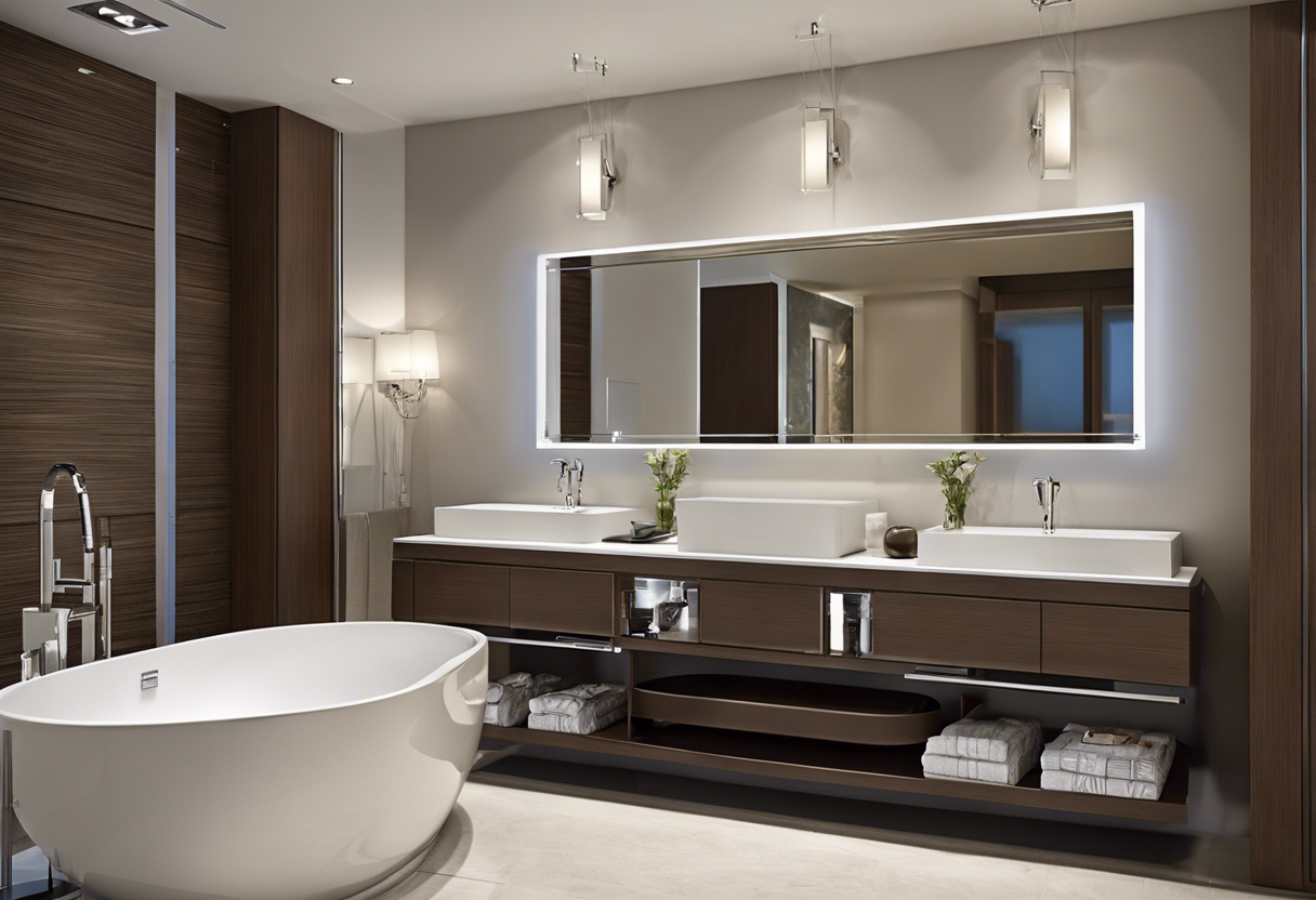 An image showcasing a modern bathroom with sleek chrome fixtures and a statement sink, highlighting the beauty and functionality of stylish plumbing fittings