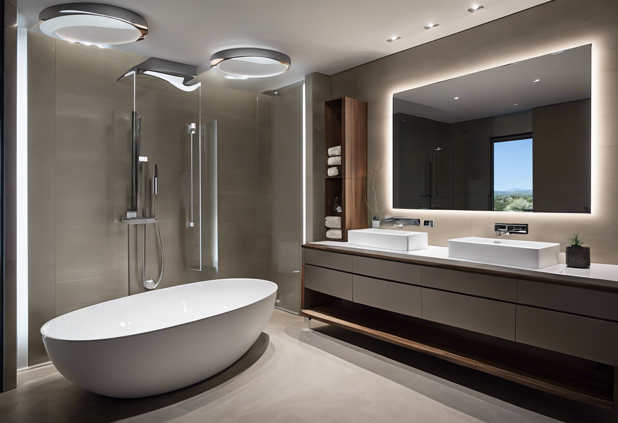 An image of a modern bathroom with sleek, high-tech fixtures and a smart toilet