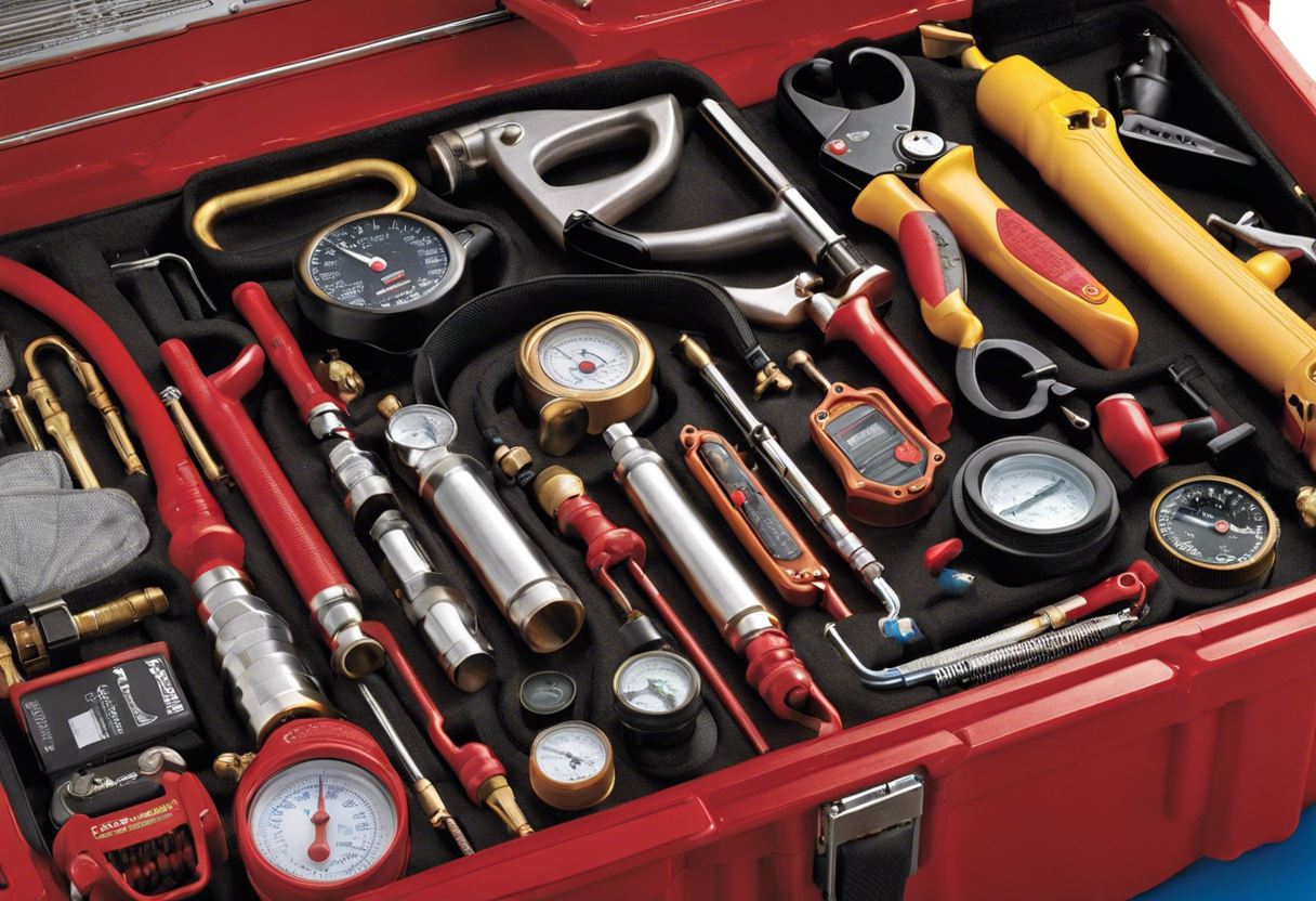 An image of a toolbox overflowing with plumbing gadgets and gizmos, including a pipe cutter, a drain snake, a leak detector, and a water pressure gauge