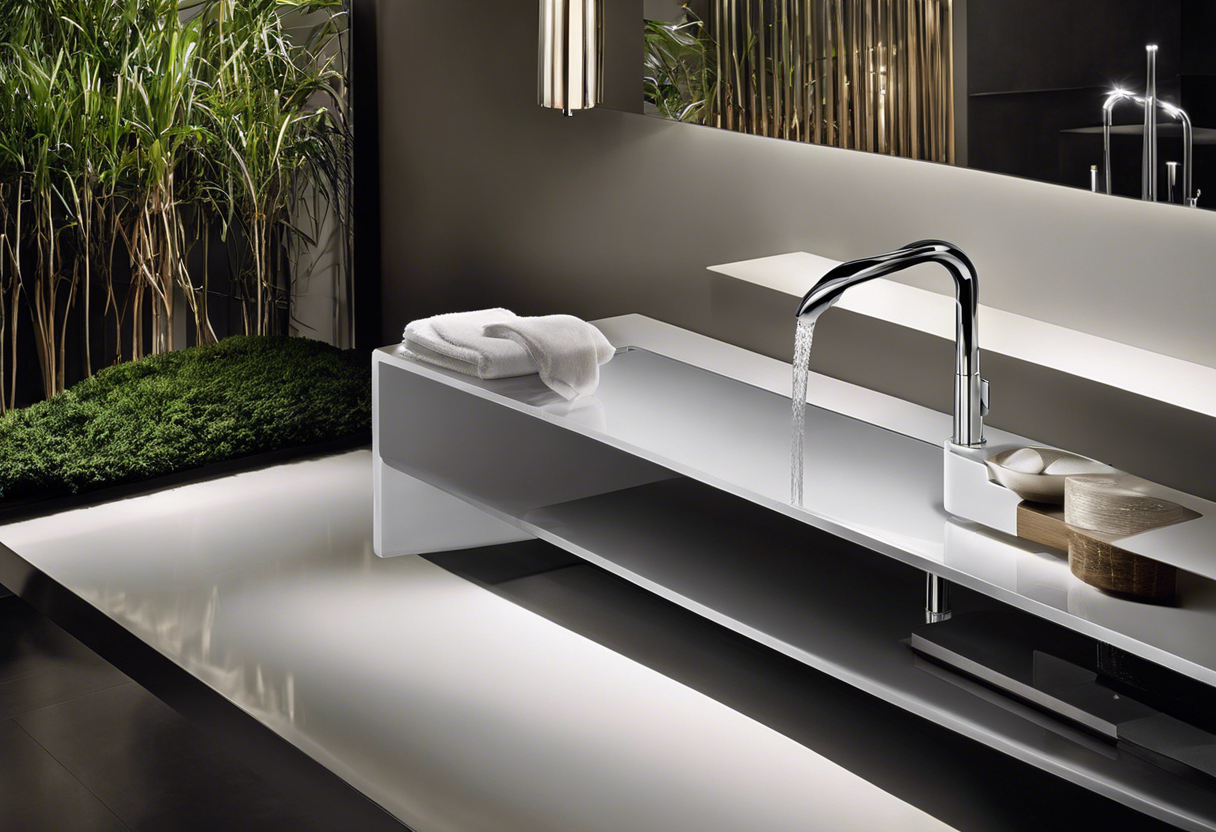 An image of a sleek, modern bathroom with a close-up on a state-of-the-art faucet made from a cutting-edge plumbing material