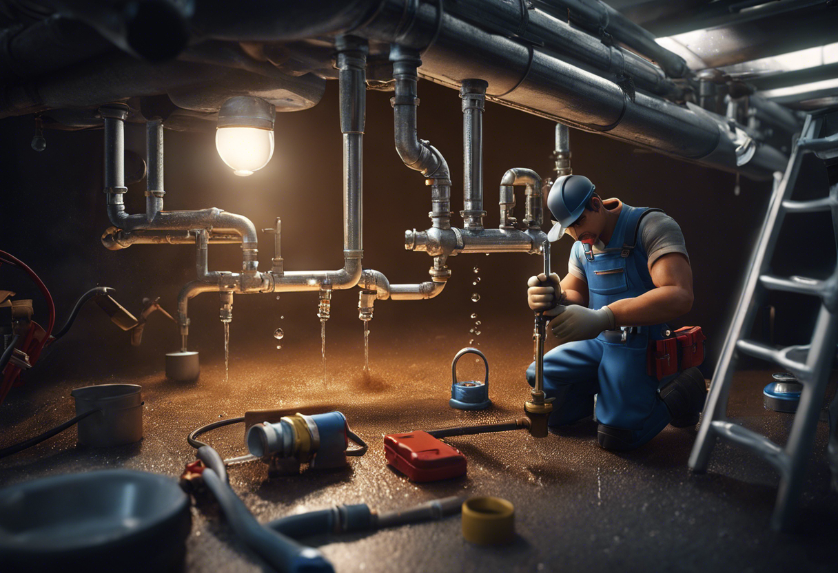 An image featuring a plumber fixing a leaky pipe with a toolbox and various plumbing tools