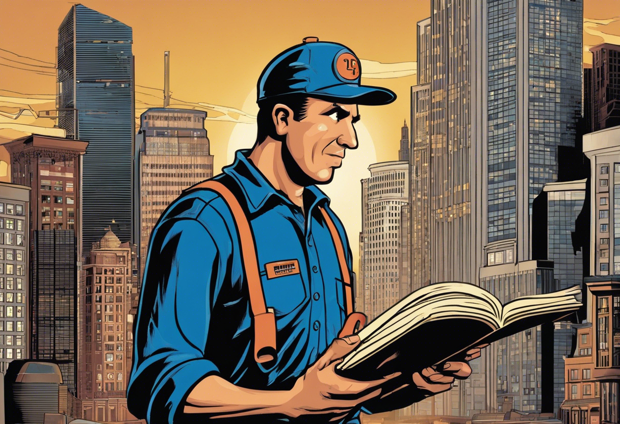 An image of a plumber standing in front of a city ordinance book with a confused expression, while a city official points to a specific page