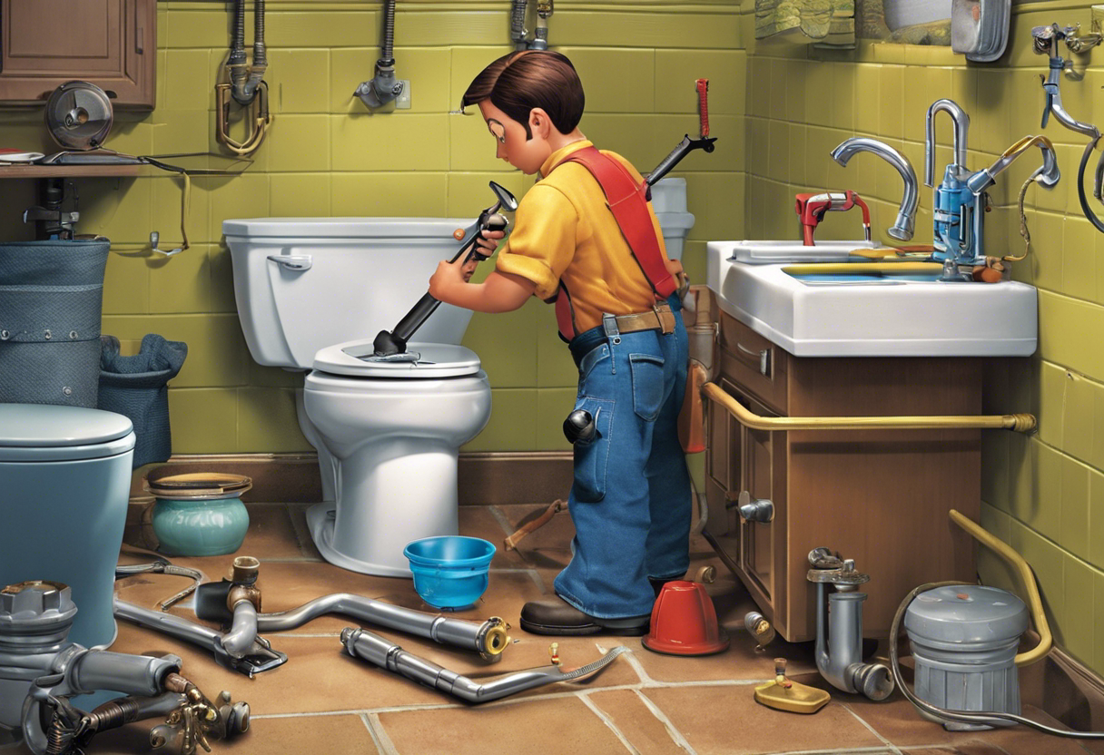 An image of a person using a plunger on a toilet, while another person checks pipes under a sink