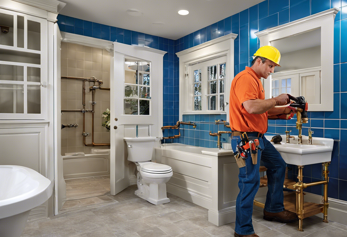 An image of a plumber installing new pipes and fixtures in a renovated bathroom