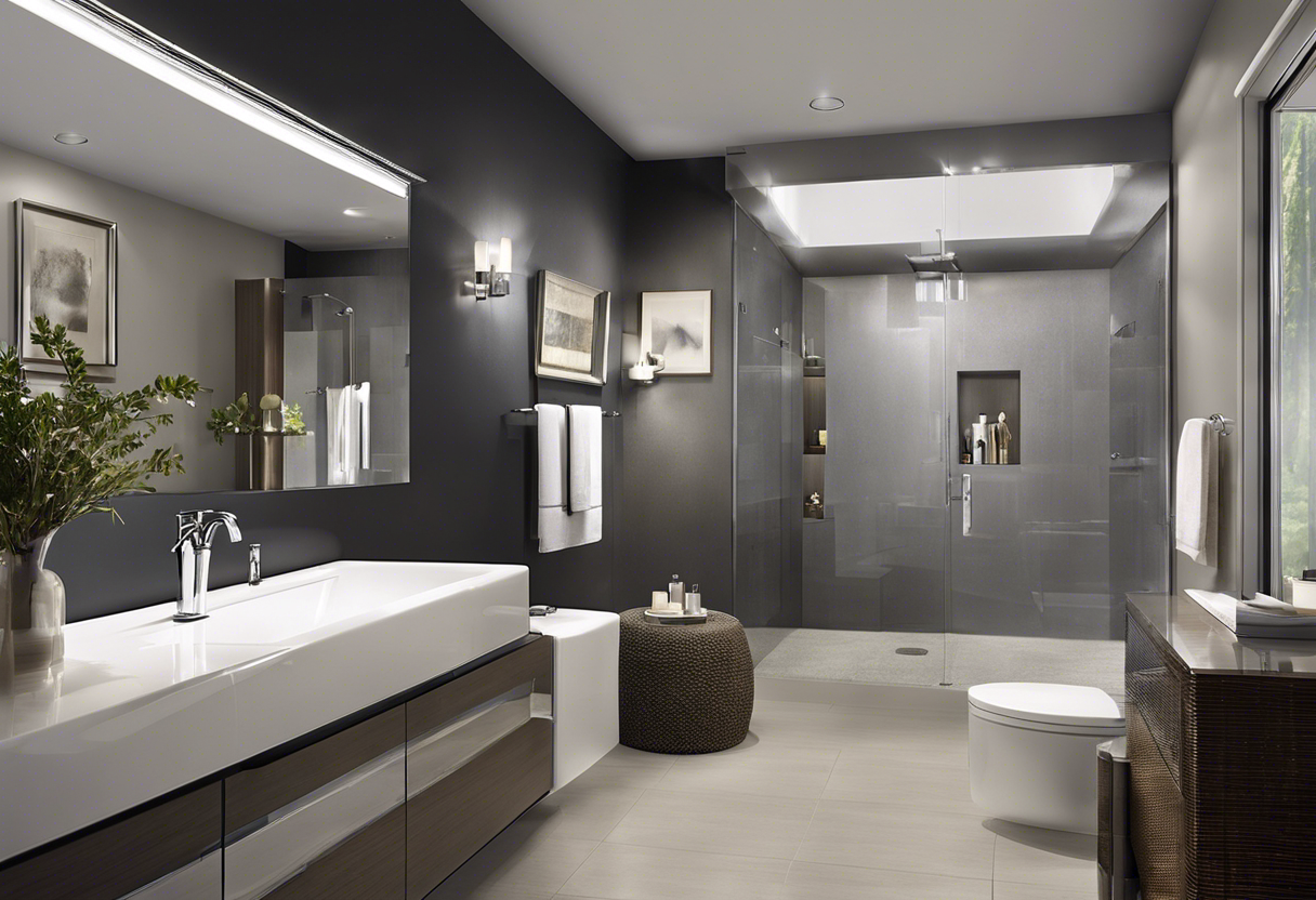 An image of a sleek, modern bathroom with chrome fixtures