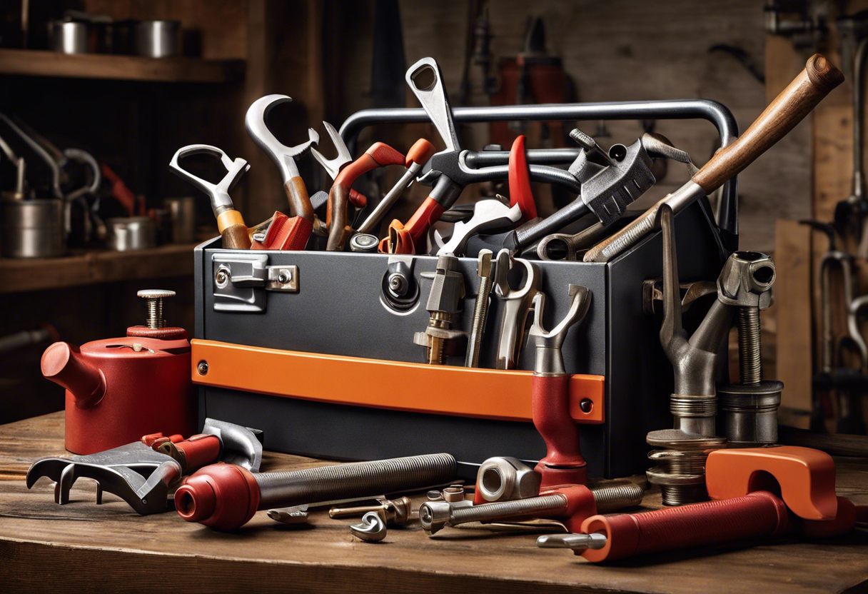 An image of a toolbox overflowing with plumbing tools, including a plunger, wrench, and pipe cutter, surrounded by various plumbing fixtures and pipes in need of repair