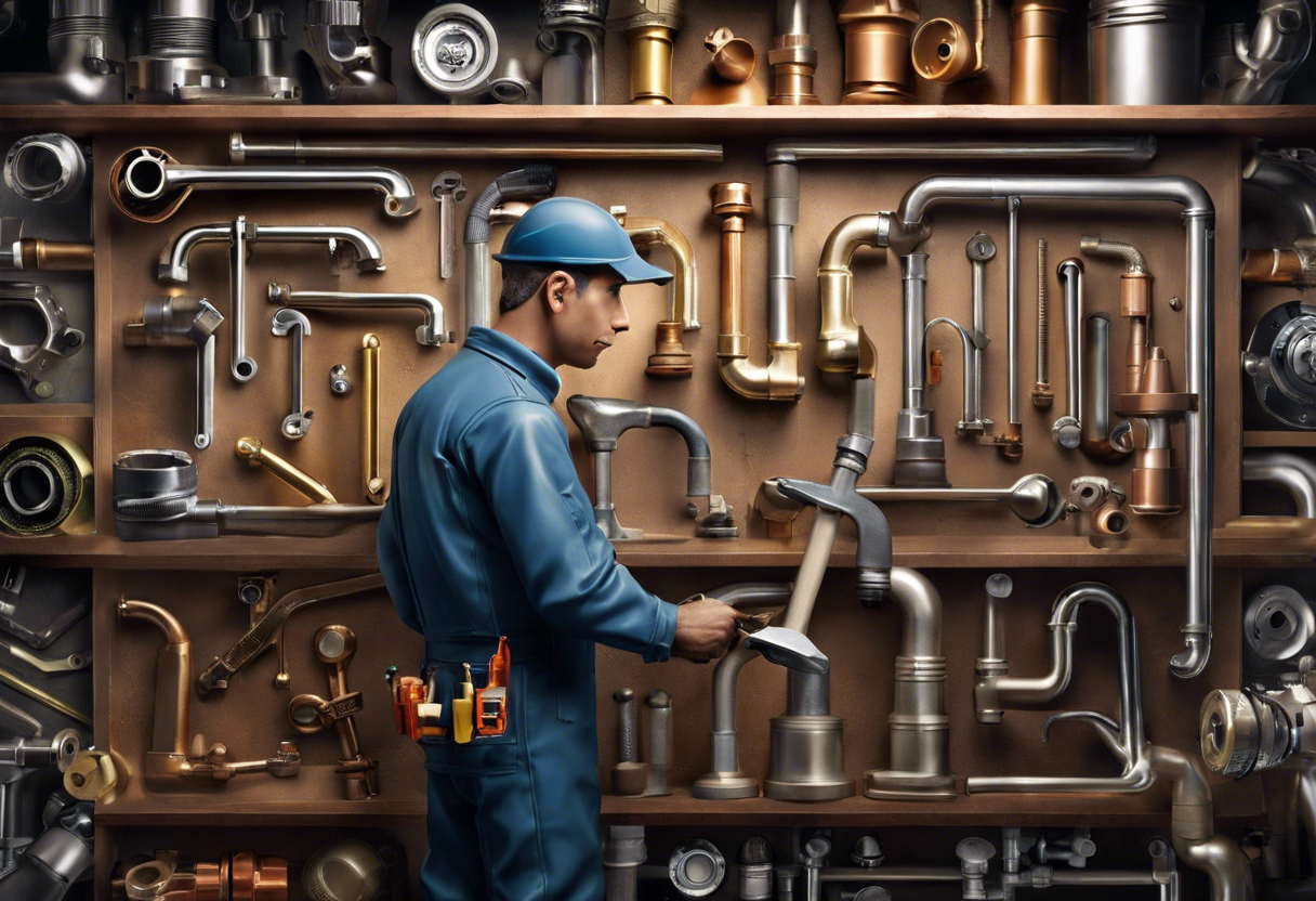 An image of a person holding a wrench and selecting from various pipes and fittings on a shelf labeled "affordable alternatives