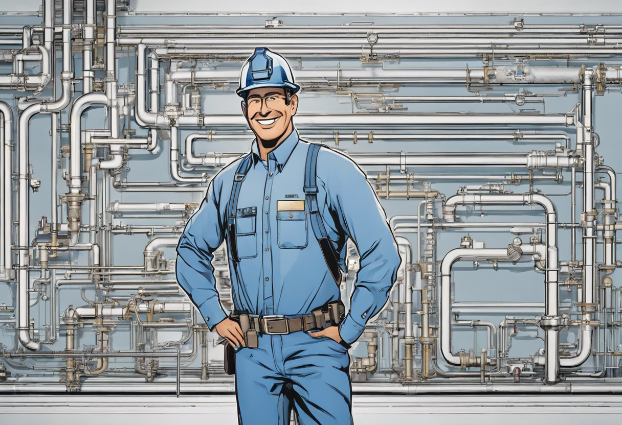 An image of a person holding a blueprint while standing in front of a plumbing system