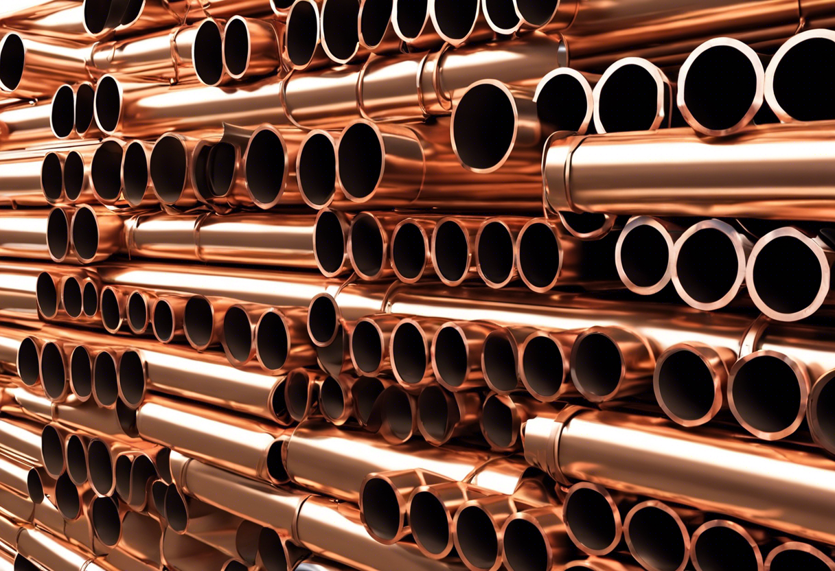 An image showcasing various plumbing pipe materials (copper, PVC, galvanized steel) and their corresponding sizes (diameters and lengths)